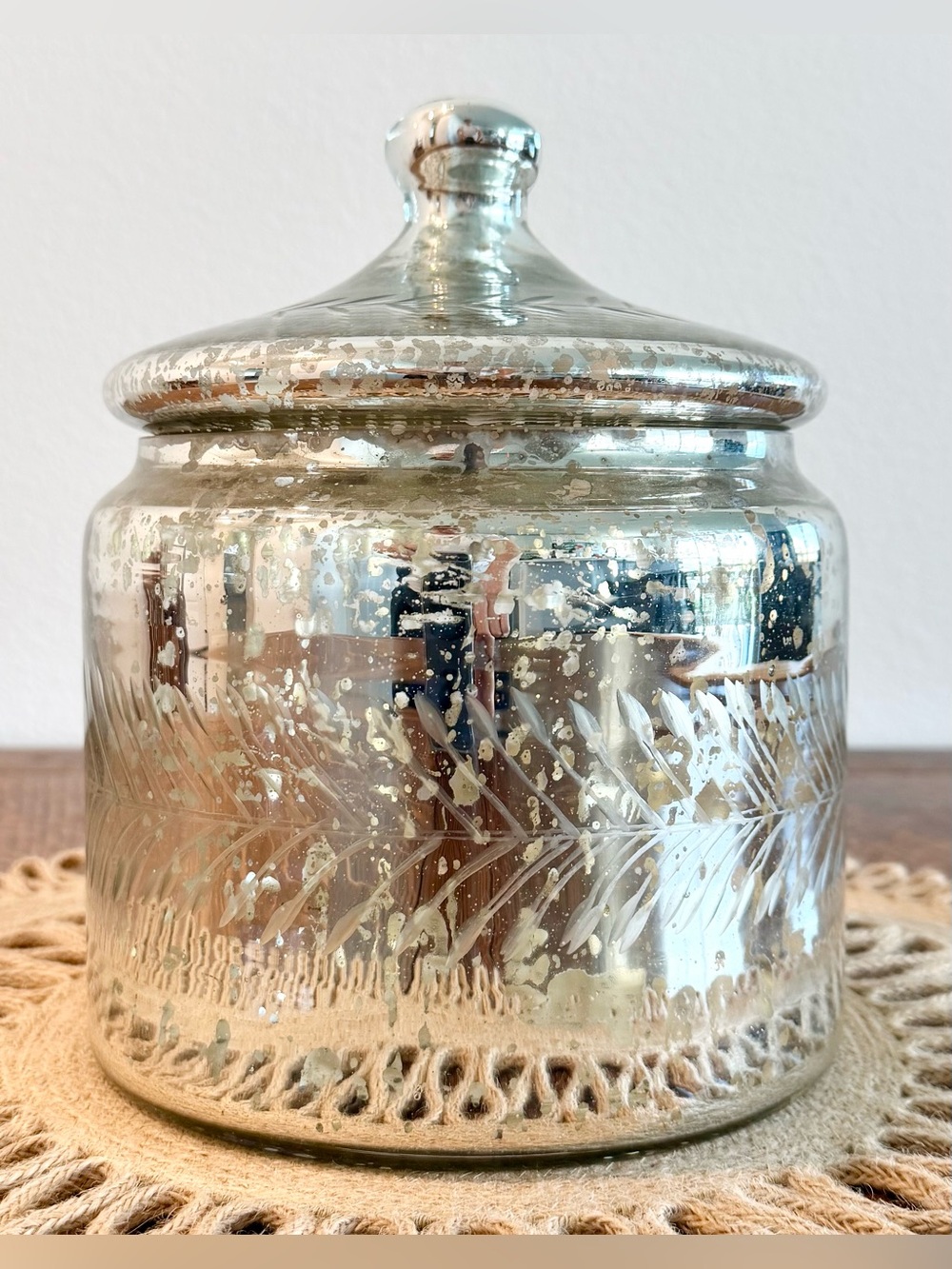Vintage Mercury Silver Etched Leaf Glass Jar W/Lid